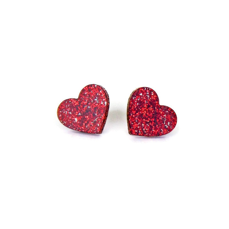 Red Glitter Heart Stud Earrings