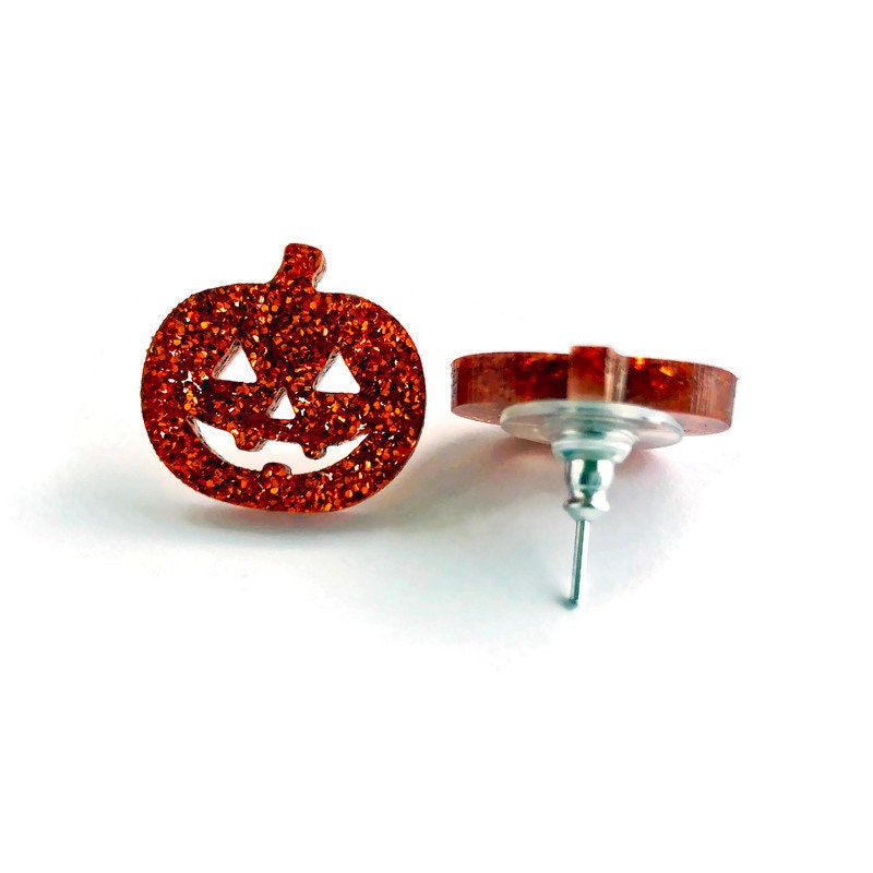 Orange Glitter Jack O Lantern Stud Earrings