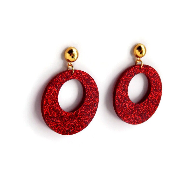 Red Glitter Vintage Style Drop Hoop Earrings