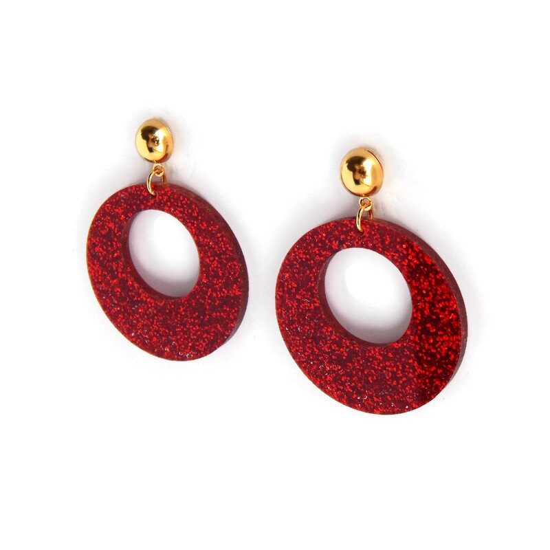 Red Glitter Vintage Style Drop Hoop Earrings