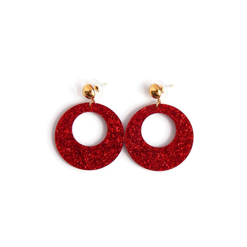 Red Glitter Vintage Style Drop Hoop Earrings