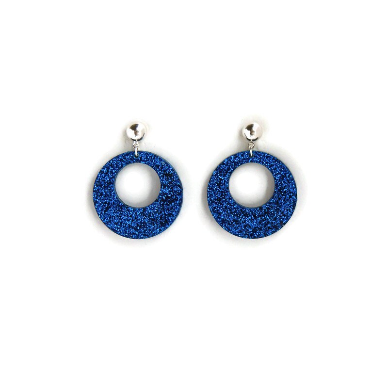 Blue Glitter Retro Hoop Earrings