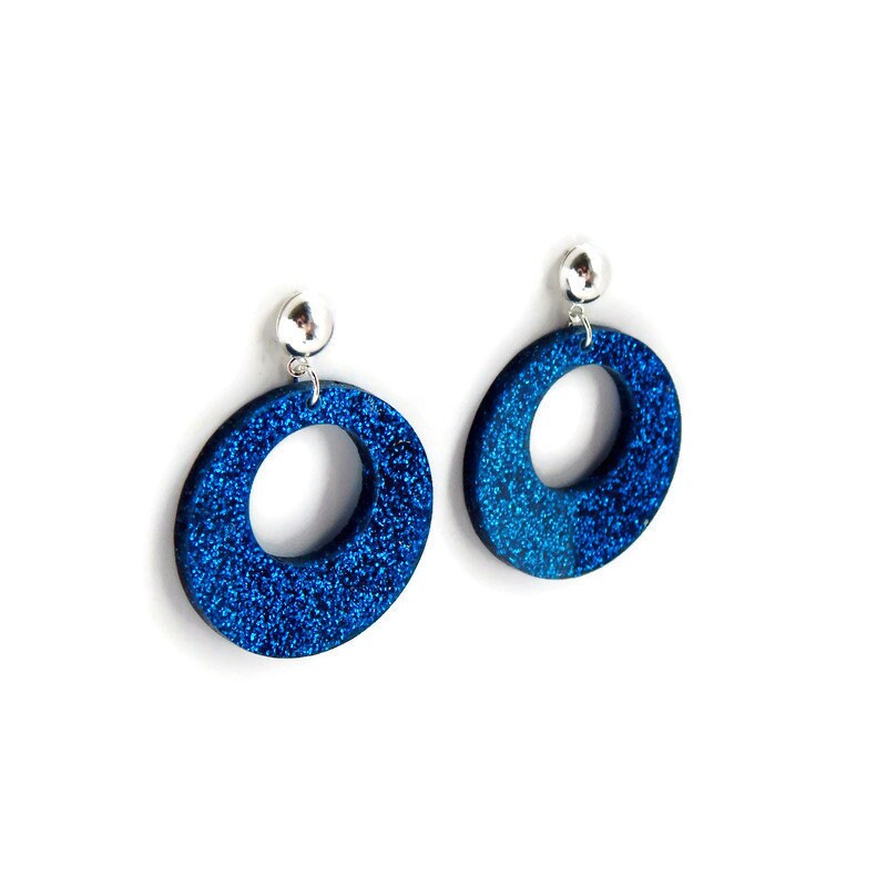 Blue Glitter Retro Hoop Earrings