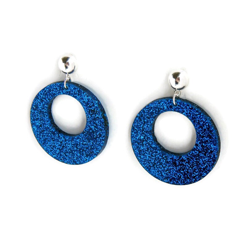 Blue Glitter Retro Hoop Earrings