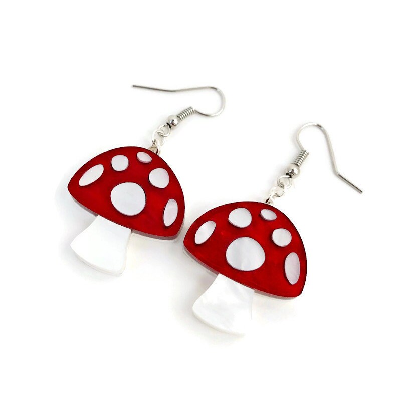 Red and White Mushroom Dangle Earrings