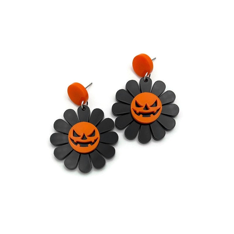 Orange and Black Jack O Lantern Daisy Earrings