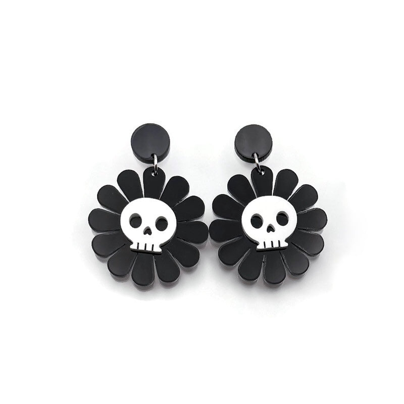 Black and White Skull Daisy Earrings