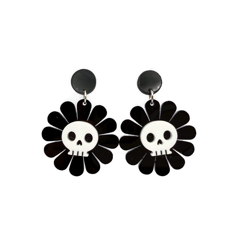 Black and White Skull Daisy Earrings
