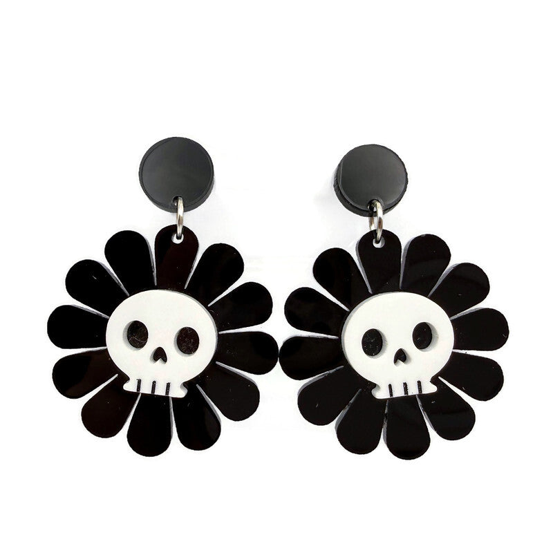 Black and White Skull Daisy Earrings
