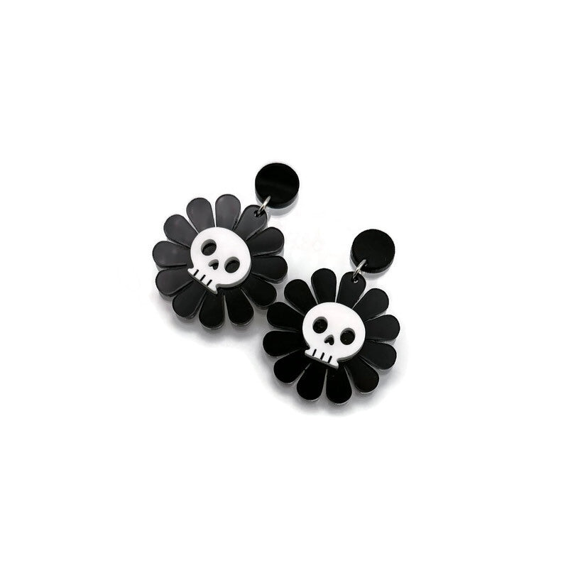 Black and White Skull Daisy Earrings