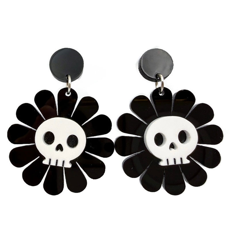Black and White Skull Daisy Earrings