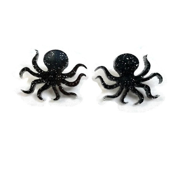 Black Glitter Octopus Stud Earrings