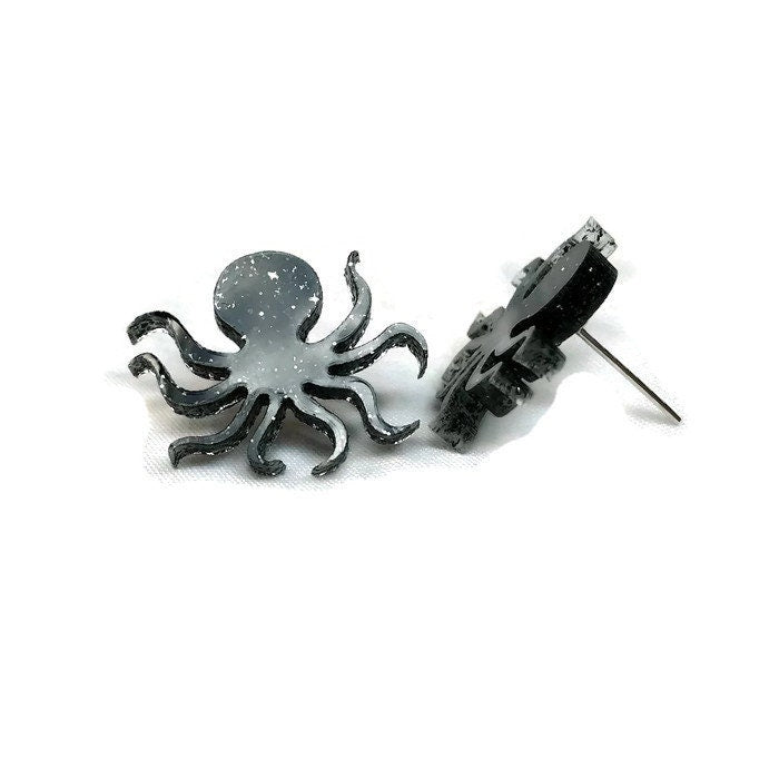 Black Glitter Octopus Stud Earrings