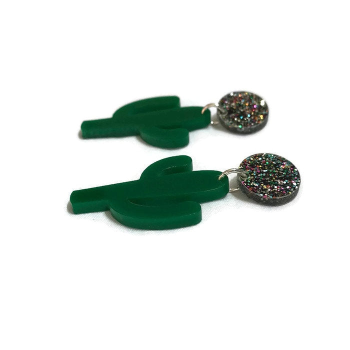 Green and Glitter Cactus Dangle Earrings