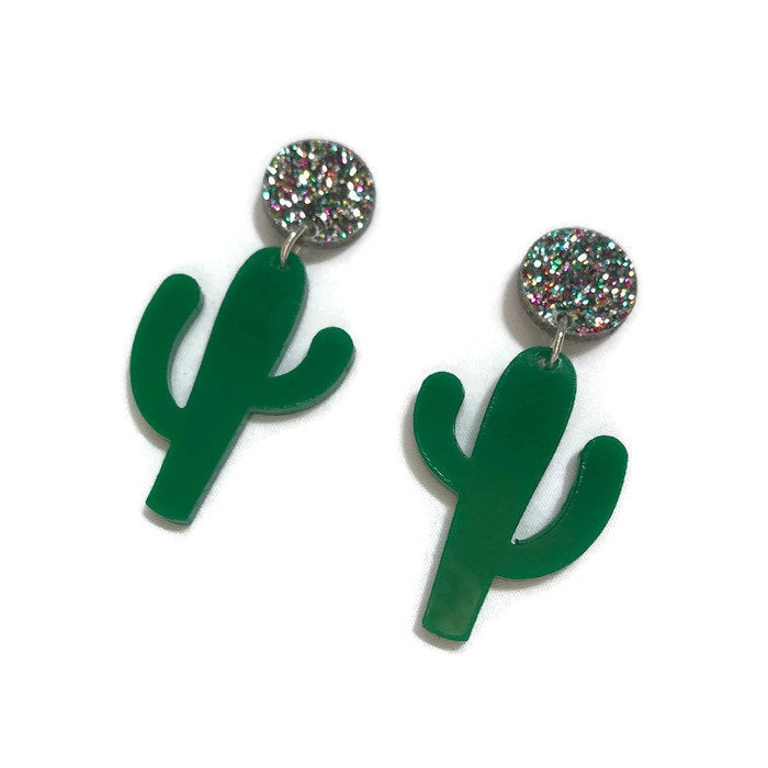 Green and Glitter Cactus Dangle Earrings