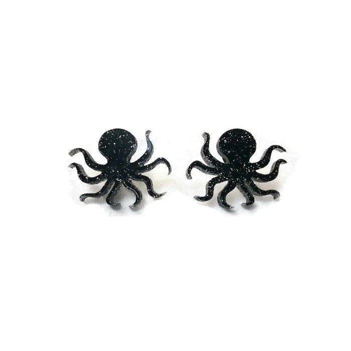 Black Glitter Octopus Stud Earrings