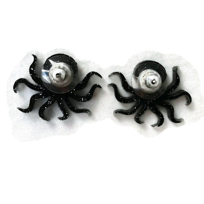 Black Glitter Octopus Stud Earrings