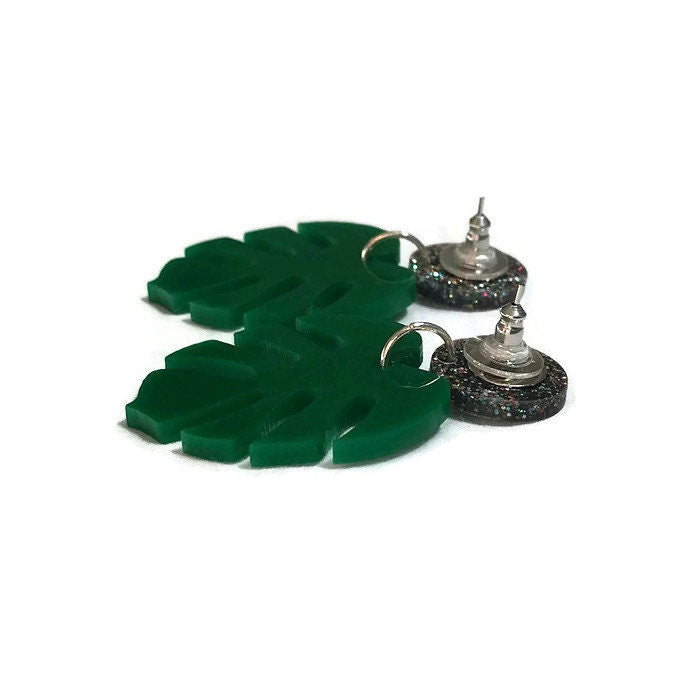 Green and Glitter Monstera Leaf Dangle Earrings