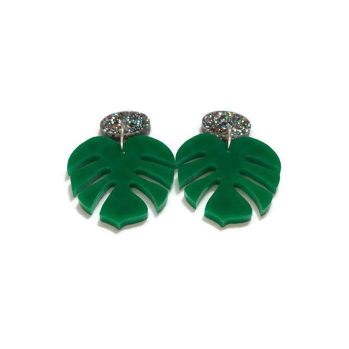 Green and Glitter Monstera Leaf Dangle Earrings