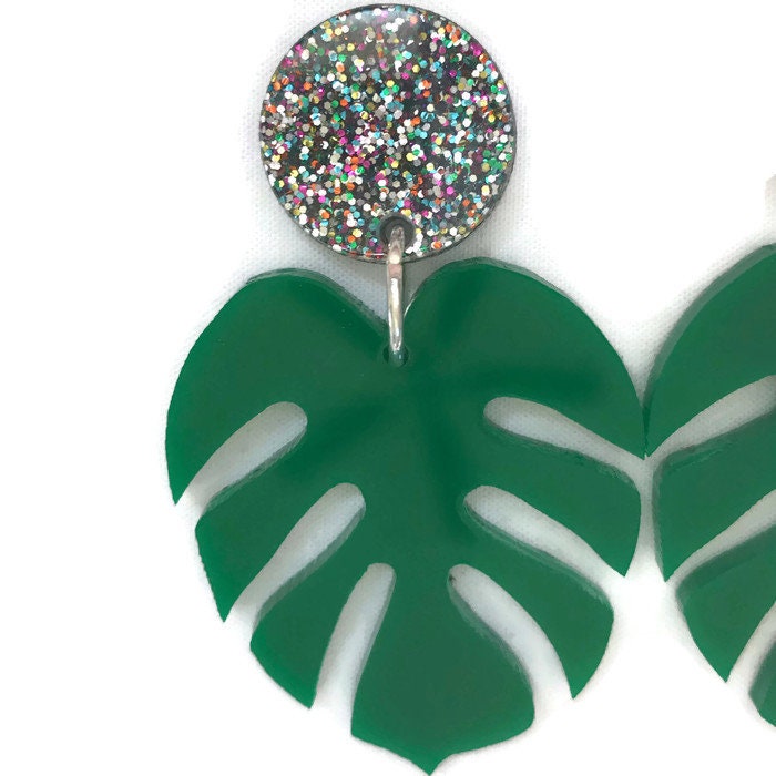 Green and Glitter Monstera Leaf Dangle Earrings