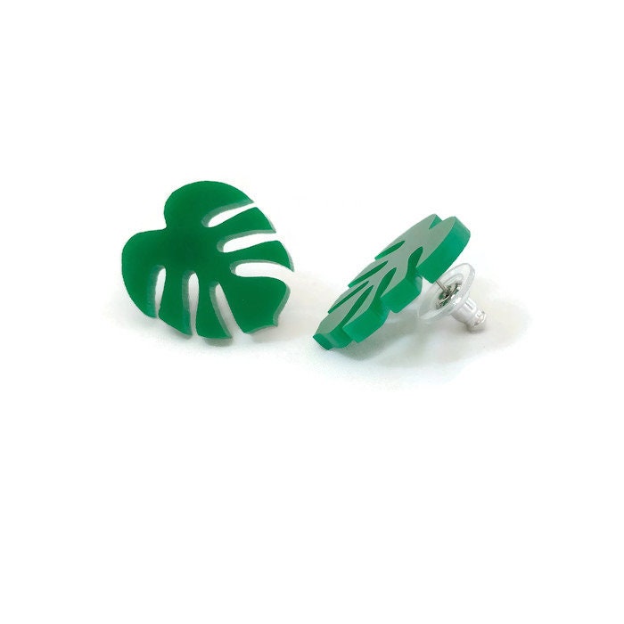 Green Monstera Stud Earrings