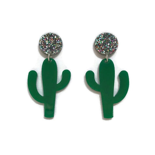 Green and Glitter Cactus Dangle Earrings