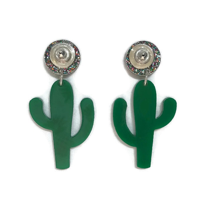 Green and Glitter Cactus Dangle Earrings