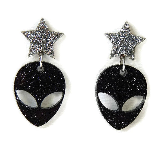 Black And Silver Glitter Alien and Star Dangle Earrings