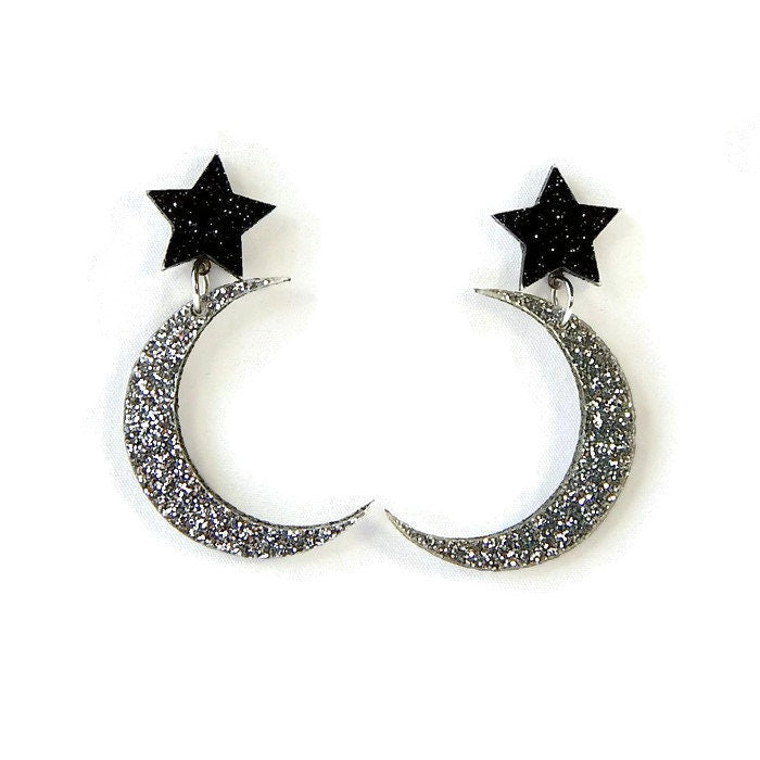 Black and Silver Glitter Star and Moon Dangle Earrings