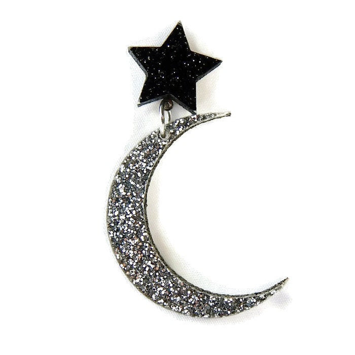 Black and Silver Glitter Star and Moon Dangle Earrings