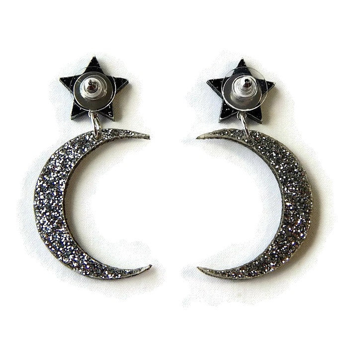 Black and Silver Glitter Star and Moon Dangle Earrings