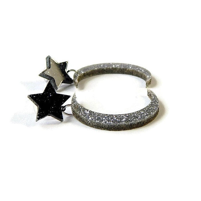 Black and Silver Glitter Star and Moon Dangle Earrings