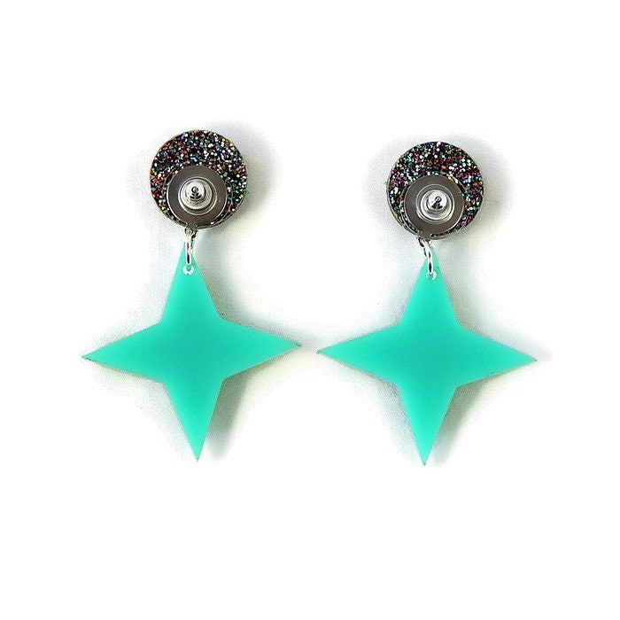 Aqua And Rainbow Glitter Retro Star Dangle Earrings