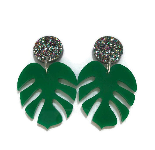 Green and Glitter Monstera Leaf Dangle Earrings