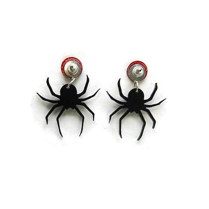 Black and Red Glitter Black Widow Spider Earrings