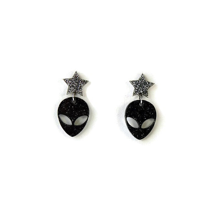 Black And Silver Glitter Alien and Star Dangle Earrings