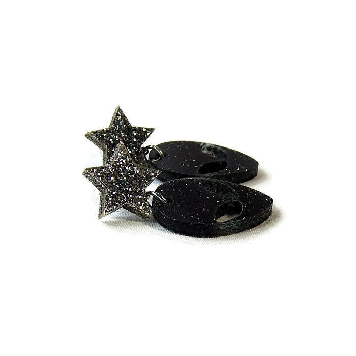 Black And Silver Glitter Alien and Star Dangle Earrings