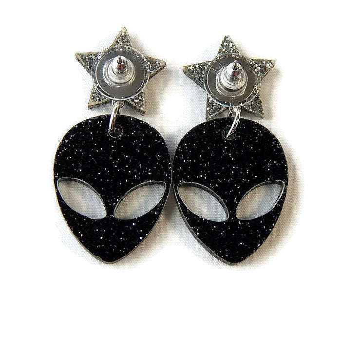 Black And Silver Glitter Alien and Star Dangle Earrings