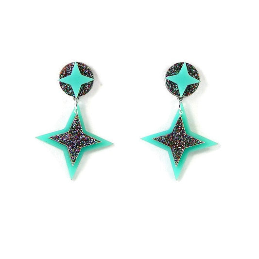 Aqua And Rainbow Glitter Retro Star Dangle Earrings