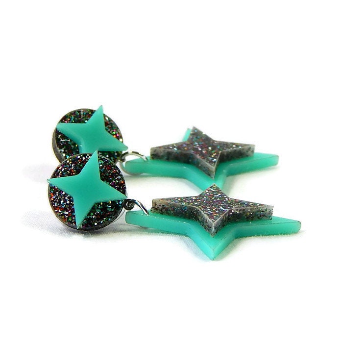 Aqua And Rainbow Glitter Retro Star Dangle Earrings