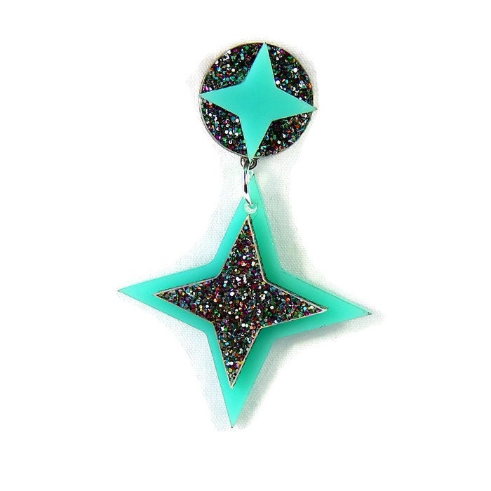 Aqua And Rainbow Glitter Retro Star Dangle Earrings