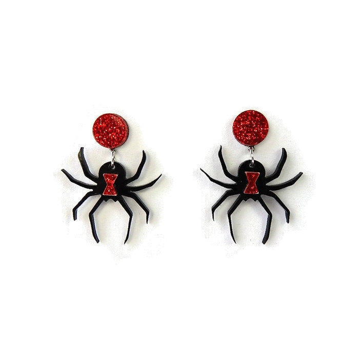 Black and Red Glitter Black Widow Spider Earrings