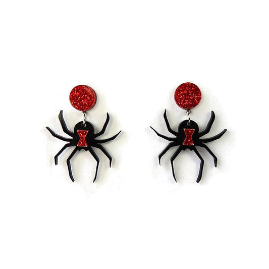 Black and Red Glitter Black Widow Spider Earrings