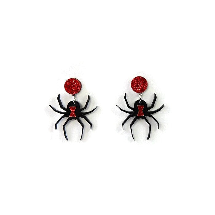 Black and Red Glitter Black Widow Spider Earrings