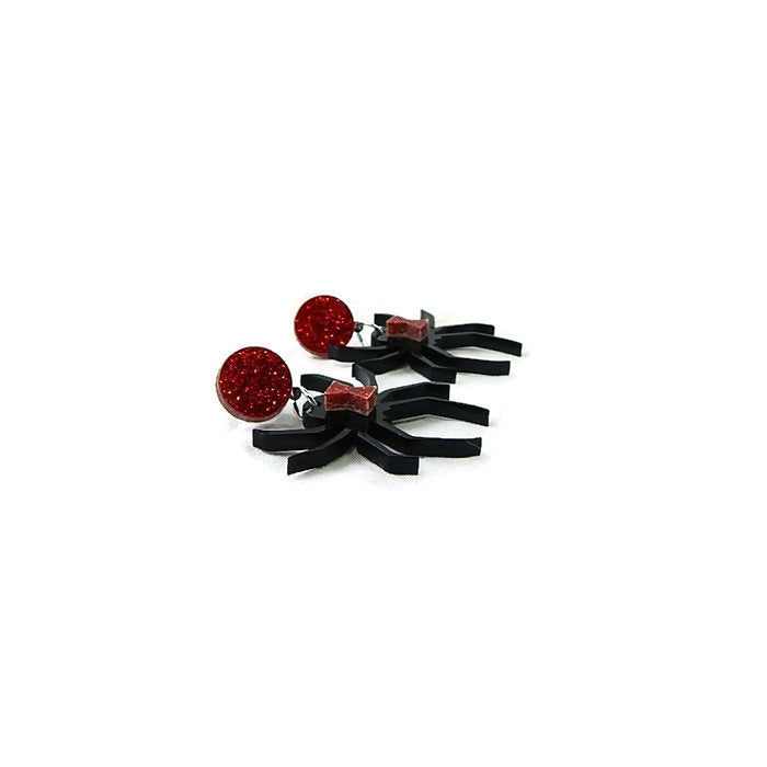 Black and Red Glitter Black Widow Spider Earrings