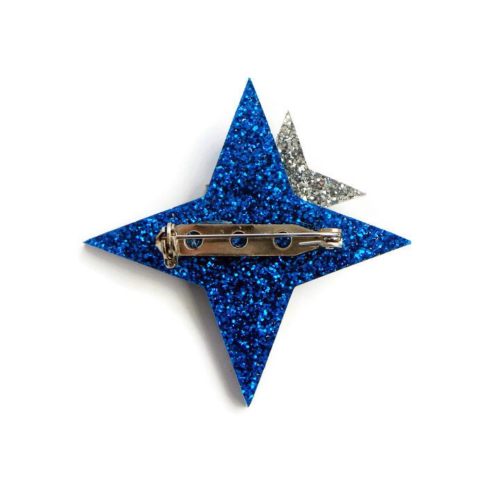 Retro Blue and Silver Glitter Starburst Brooch