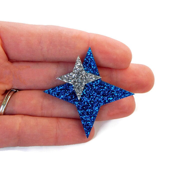 Retro Blue and Silver Glitter Starburst Brooch