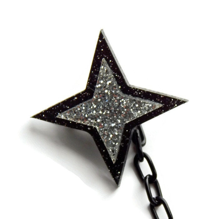 Black and Silver Glitter Star Sweater Clip