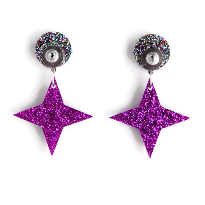 Purple and Rainbow Glitter Starburst Dangle Earrings