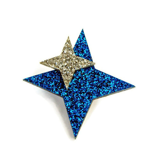 Retro Blue and Silver Glitter Starburst Brooch